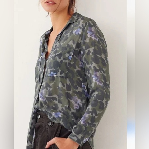 Anthropologie CLOTH & STONE Nina Shirt Button Camo Floral Green Purple SZ XS - Picture 1 of 8